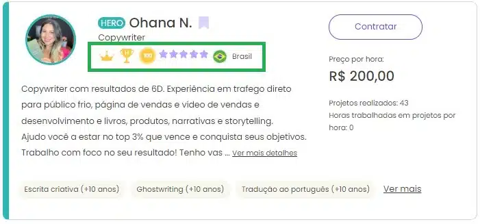 Print de tela do perfil de uma social mídia chamada Ohana ,com ótima reputação na plataforma Workana, cobrando R$200 reais por hora.