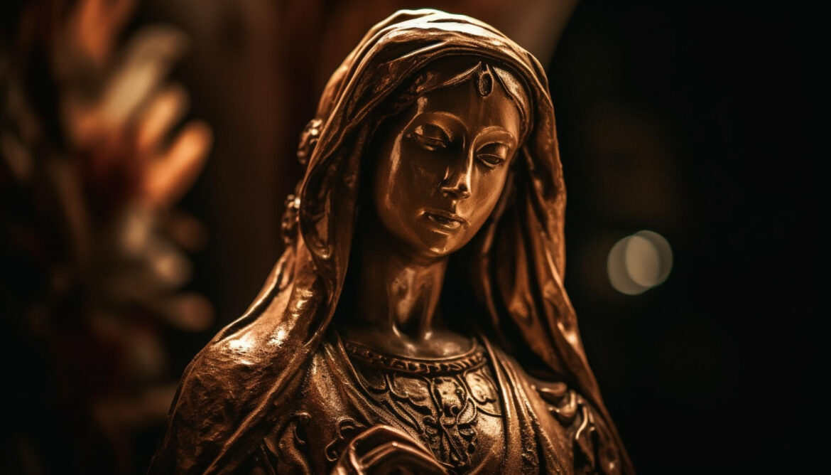 Imagem de Nossa Senhora de Aparecida numa estatueta dourada.