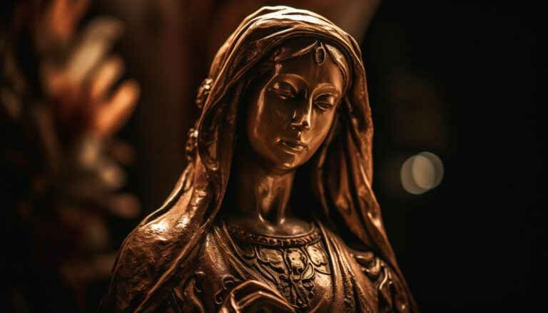 Imagem de Nossa Senhora de Aparecida numa estatueta dourada.