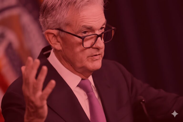Jerome Powell em tom avermelhado.