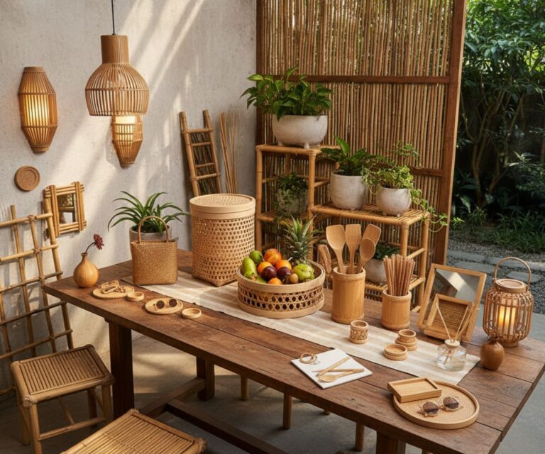 produtos artesanais de bambu em cima de uma mesa