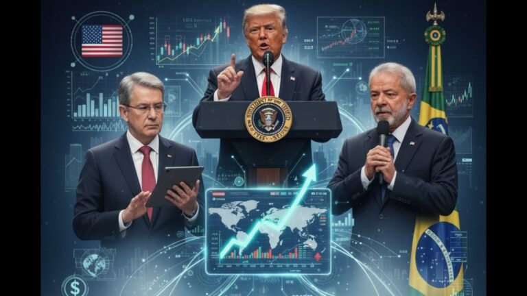 Arte Gráfica com Lula, Trump e Scott Bessent e diversos elementos gráficos que representam o mercado financeiro.